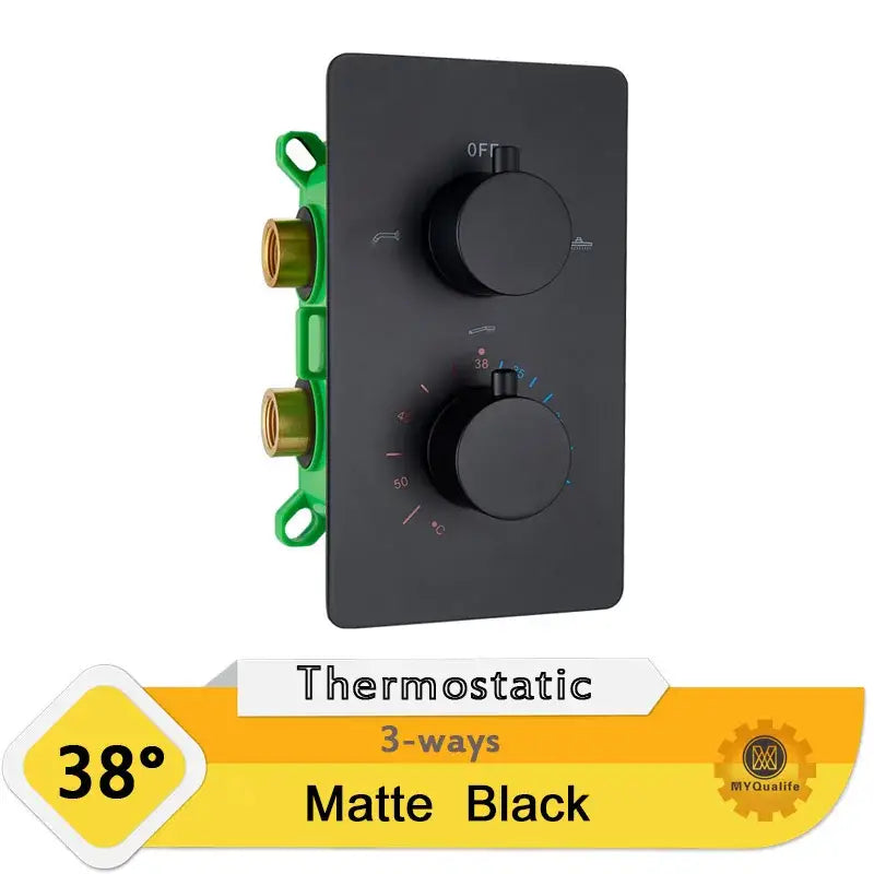Modern chrome shower mixer valve control panel with matte black thermostatic dual knobs and brass fittings