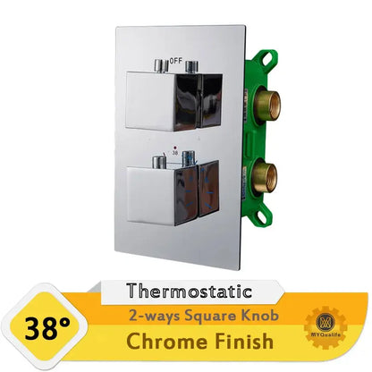 Modern chrome dual handle shower mixer valve with square knobs and green mounting bracket in chrome finish