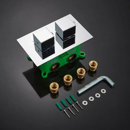 Modern chrome dual handle shower mixer valve with green plastic base and brass fittings for bathroom control panel