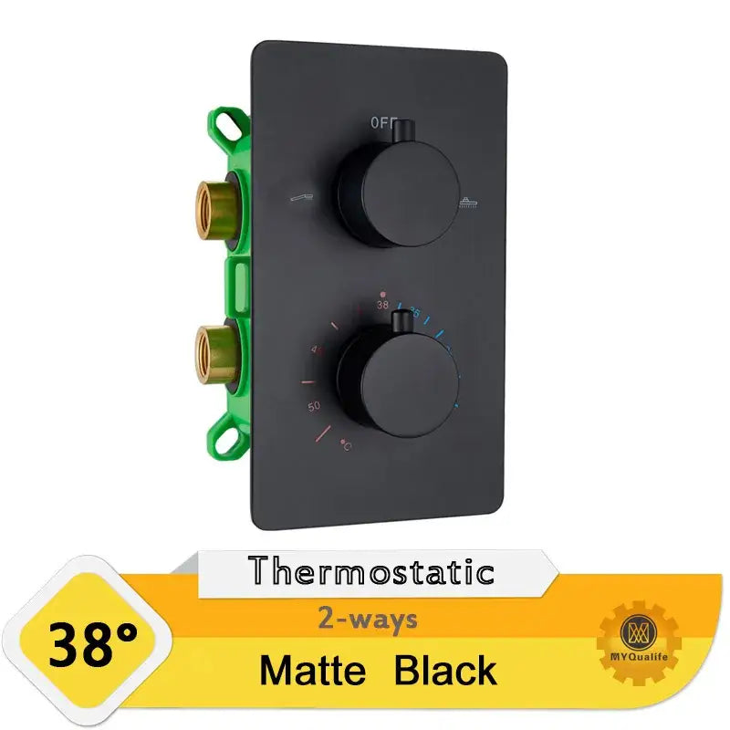 Matte black thermodynamic shower mixer valve with two control knobs and brass fittings for bathroom use