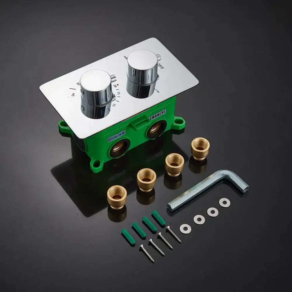 Modern chrome dual handle shower mixer valve with green plastic mounting base and brass fittings for bathroom control panel