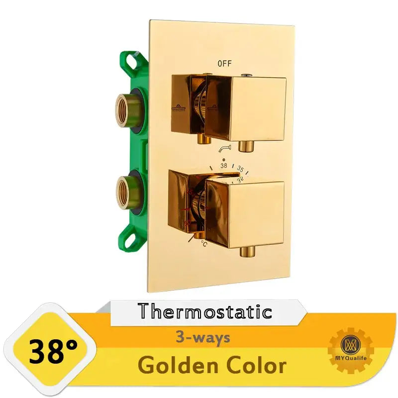 Golden thermostatic shower mixer valve with dual square knobs for temperature and flow adjustment in a modern design