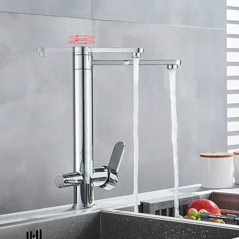 Modern chrome dual handle waterfilter kitchen faucet with 360 rotation and dual spray nozzles by decorbites