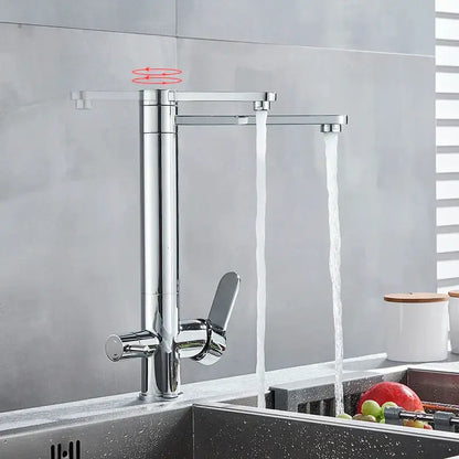 Modern chrome dual handle waterfilter kitchen faucet with 360 rotation and dual spray nozzles by decorbites