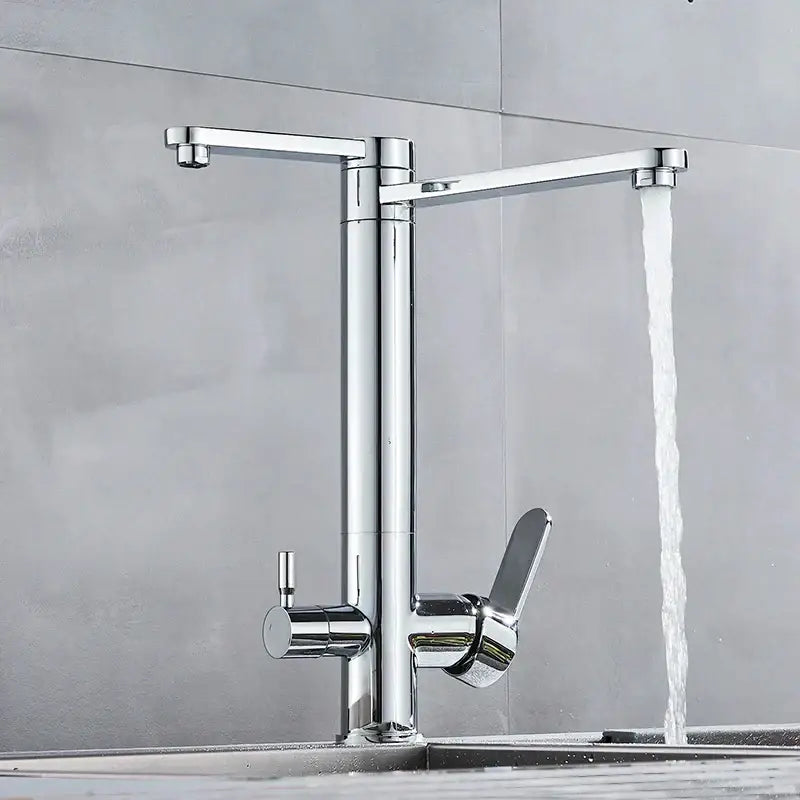 Modern chrome decorbites dual handle waterfilter kitchen faucet with sleek tall design dual spouts 360 rotation