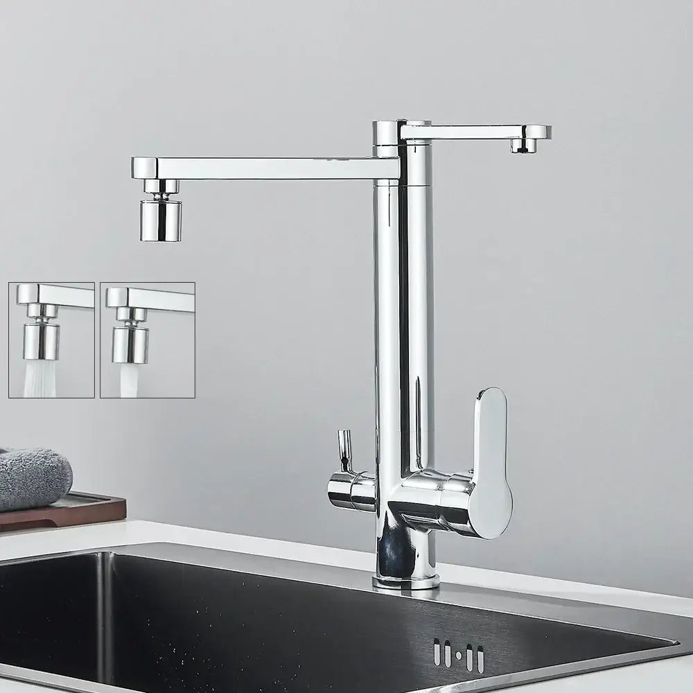 Modern chrome dual handle waterfilter kitchen faucet with extendable spout and 360 rotation by decorbites