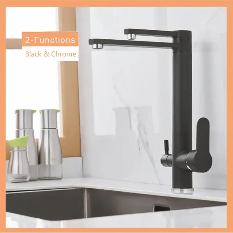Modern chrome dual handle waterfilter kitchen faucet with black and chrome finish and 360 degree rotation design