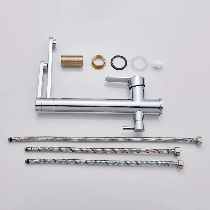 Modern chrome dual handle waterfilter kitchen faucet with 360 rotation and matching flexible braided hoses by decorbites