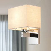Modern chrome fabric led wall sconce with beige linen shade and chrome metal bracket for bedroom lighting