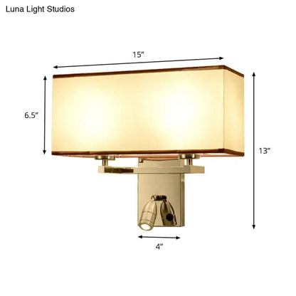 Modern gold-finished rectangular direct wired electric wall sconce with fabric LED lighting fixture and adjustable spotlights