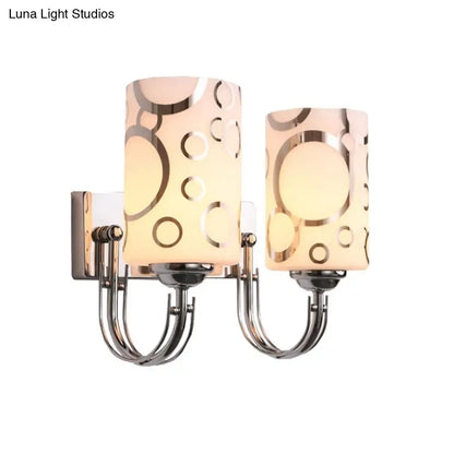 Modern chrome finish abstract glass wall sconce with two frosted glass shades and gold-toned circles for 110v-120v use