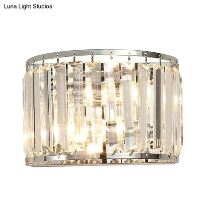 Modern chrome finish crystal wall lamp with cylindrical faceted glass panels compatible with e12 e14 bulbs