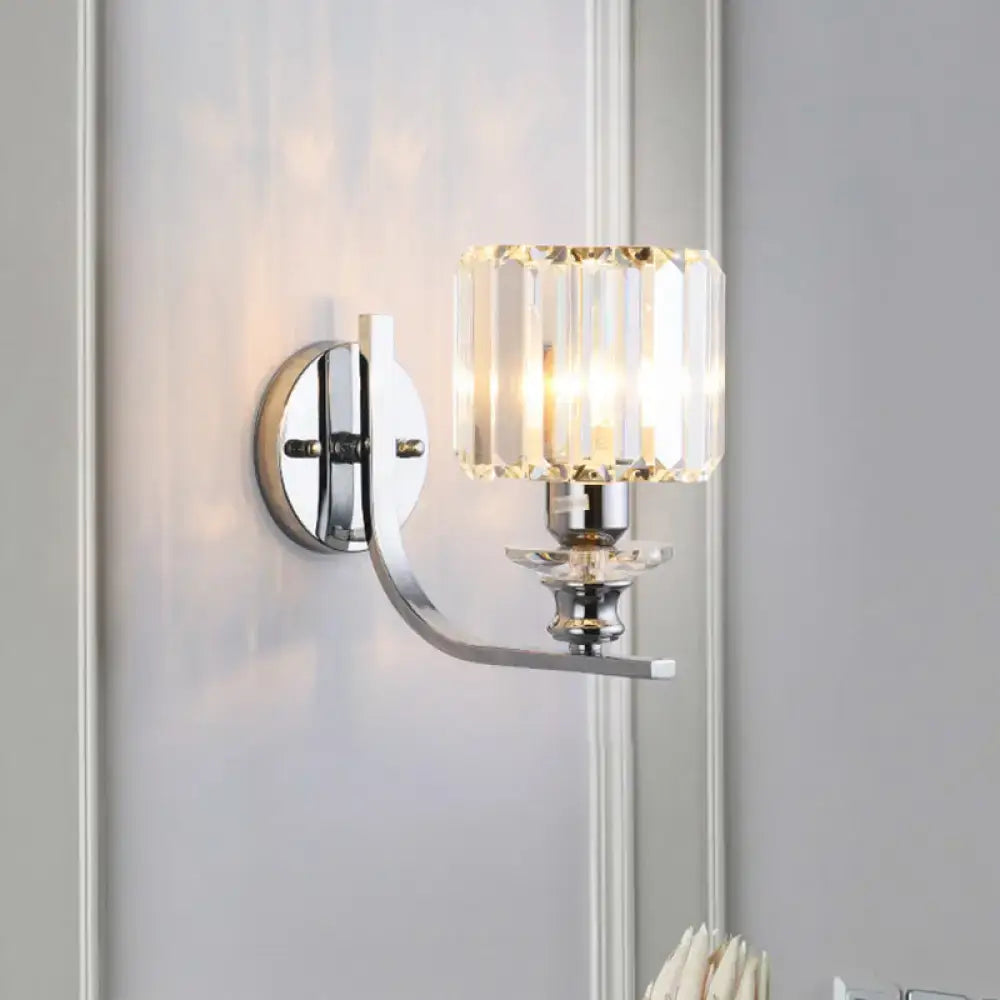 Modern chrome finish crystal wall sconce with cylindrical shade designed for e26 e27 bulbs in living room settings