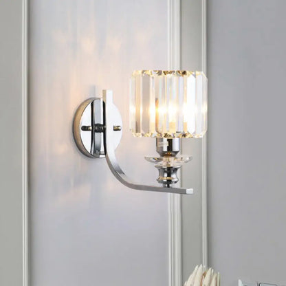 Modern chrome finish crystal wall sconce with cylindrical shade designed for e26 e27 bulbs in living room settings