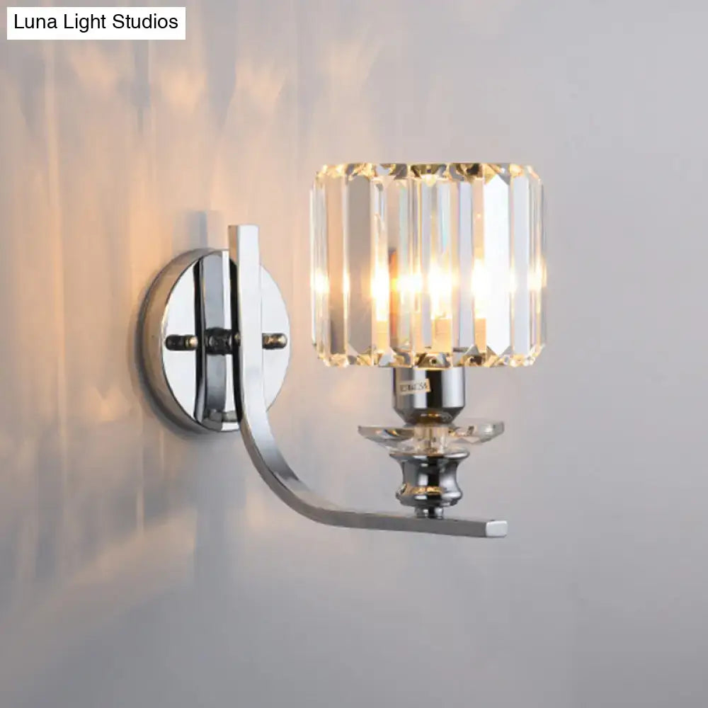Modern chrome finish wall sconce with cylindrical crystal shade featuring vertical facets for e26 e27 living room light