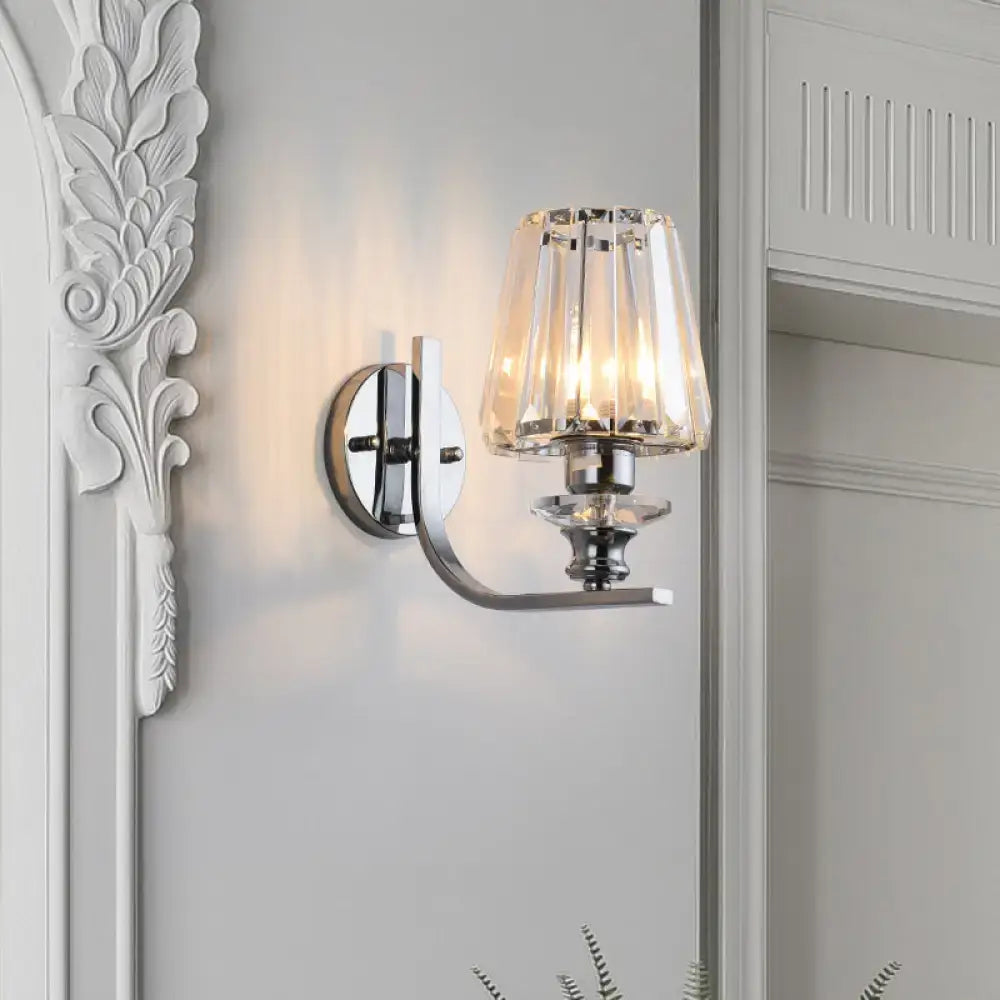 Modern chrome finish crystal wall sconce with faceted shade designed for e26 e27 bulbs in living room settings