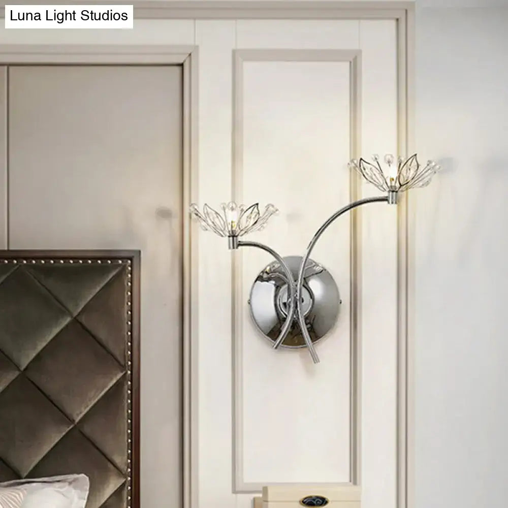 Modern chrome flower wall lamp with silver-toned curved arms and crystal flowers wall light 110v-120v for bedroom