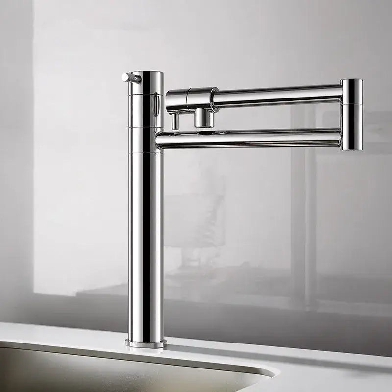 Modern chrome foldable kitchen faucet with articulated spout design and sleek chrome finish for contemporary kitchens