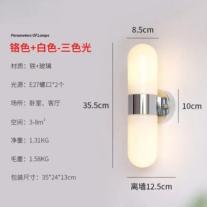 Modern chrome frosted glass vanity mirror light with dual cylindrical shades and metal bracket for bathroom sconce use