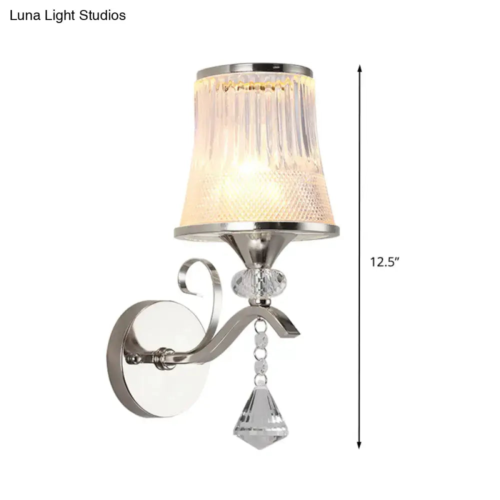 Modern chrome frosted glass wall light fixture with crystal pendant and polished chrome arm for bedroom lighting