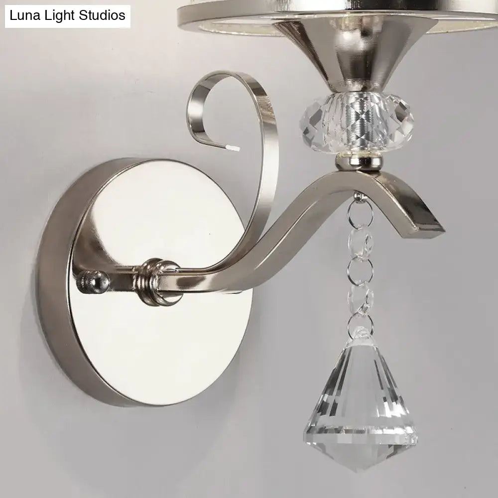 Modern chrome frosted glass wall light fixture with silver-toned metal arm crystal accents and faceted glass pendant