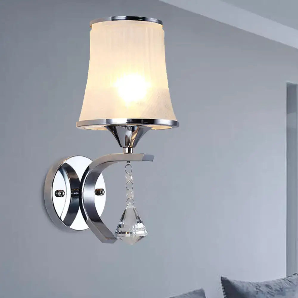 Modern chrome wall light fixture with frosted glass shade and crystal pendant ideal for bedroom led incandescent use