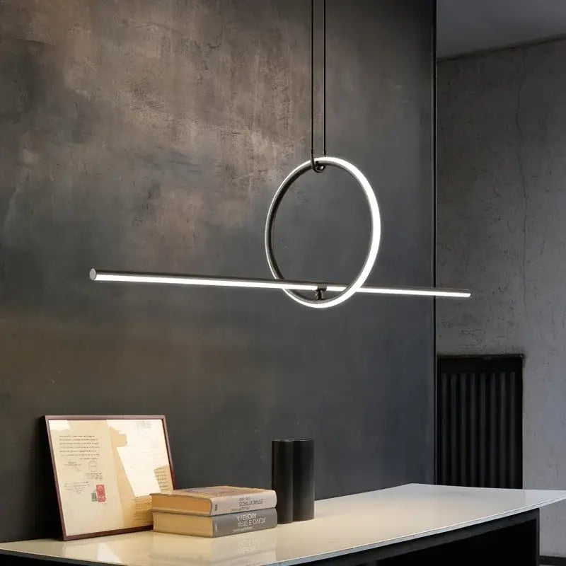 Minimalist modern chrome geometric led pendant light with illuminated ring and bar for dining room decorbites pendant light