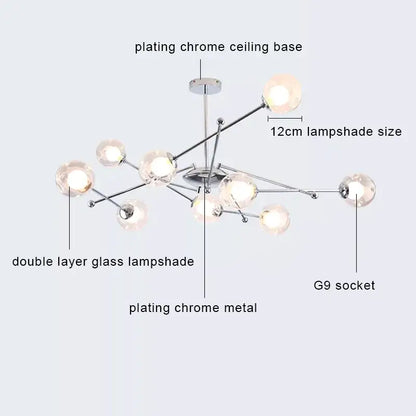 Modern chrome glass ball led chandelier with twelve spherical double-layer glass lampshades for dining room decorbites glass ball