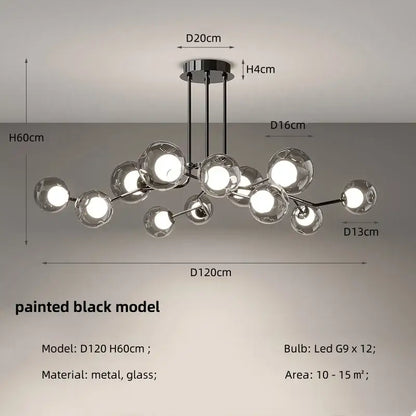 Modern chrome glass globe chandelier with multiple spherical glass globe black led bulbs on black metal frame for dining room