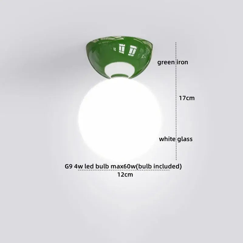 Modern chrome glass iron led ceiling light with green iron frame and white glass spherical bulb for bedroom decorbites glass iron