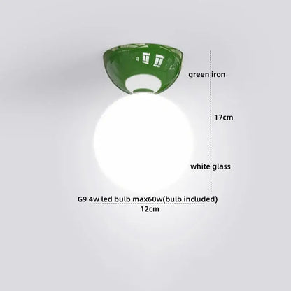 Modern chrome glass iron led ceiling light with green iron frame and white glass spherical bulb for bedroom decorbites glass iron