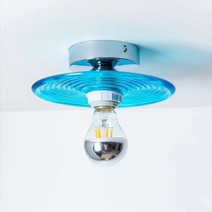 Modern chrome glass led ceiling light with a vibrant blue ribbed glass shade for bedroom ceiling lamp use