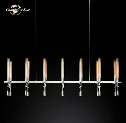 Modern chrome glass led linear chandelier with seven illuminated glass tubes and sleek metallic accents for dining room