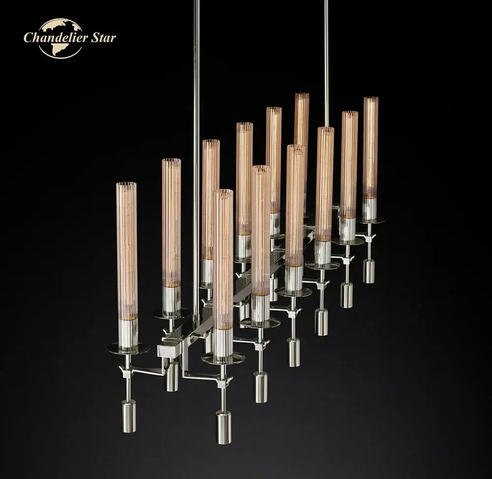 Modern chrome glass led linear chandelier with amber-tinted glass bulbs in a sleek metal frame for dining room lighting