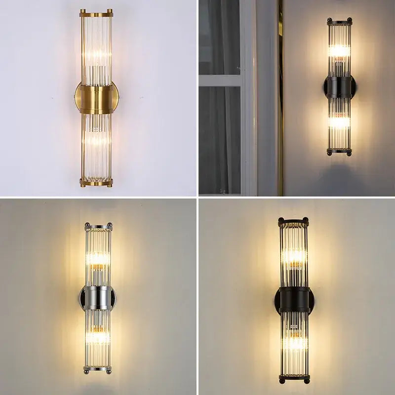 Modern chrome glass rod wall sconce with vertical glass tubes and metallic accents for bathroom vanity lights
