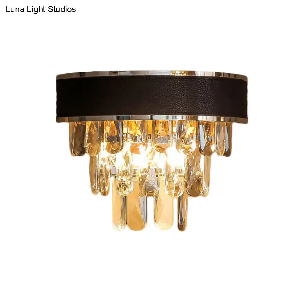 Modern chrome and gold crystal block sconce light fixture with black leather band and cascading crystal droplets wall lamp