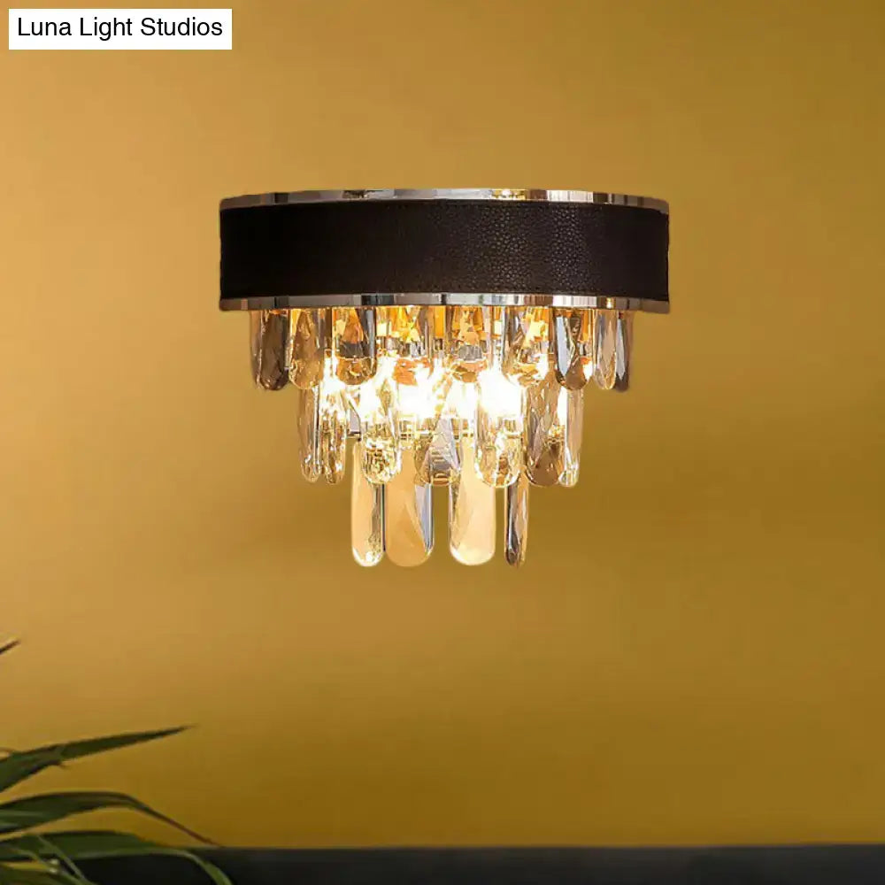 Modern chrome and gold crystal block sconce light fixture with black leather trim and dangling crystal droplets wall lamp