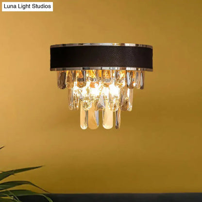 Modern chrome and gold crystal block sconce light fixture with black leather trim and dangling crystal droplets wall lamp