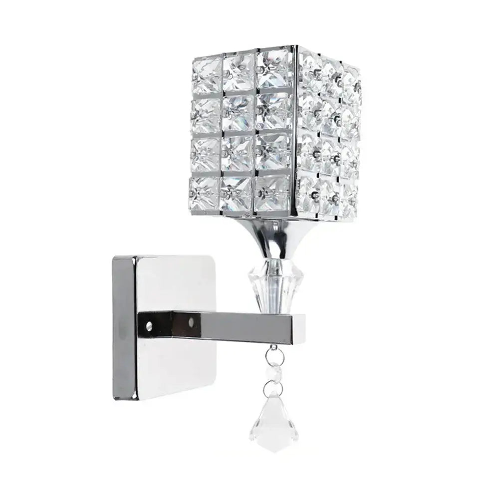 Modern chrome and gold crystal led wall light with square crystal grid and dangling teardrop for living room decorbites crystal led