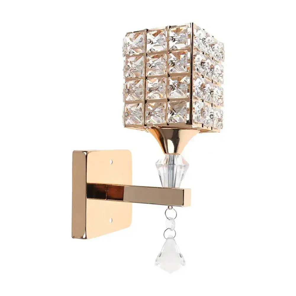 Modern chrome and gold crystal led wall light with gold-toned square crystal grid and teardrop crystals decorbites wall light