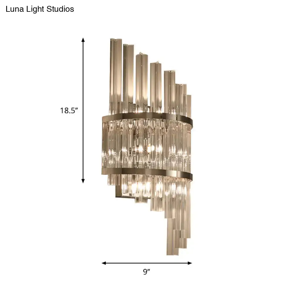 Modern chrome gold crystal prism sconce wall lamp with cascading clear glass rods and metallic bands for living rooms