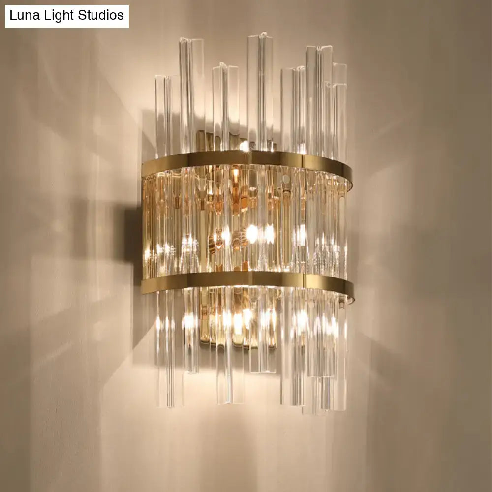 Modern chrome gold crystal prism sconce wall lamp with gold-toned frame and clear crystal rods for living room lighting