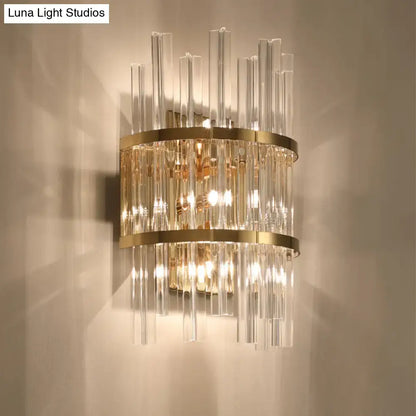 Modern chrome gold crystal prism sconce wall lamp with gold-toned frame and clear crystal rods for living room lighting