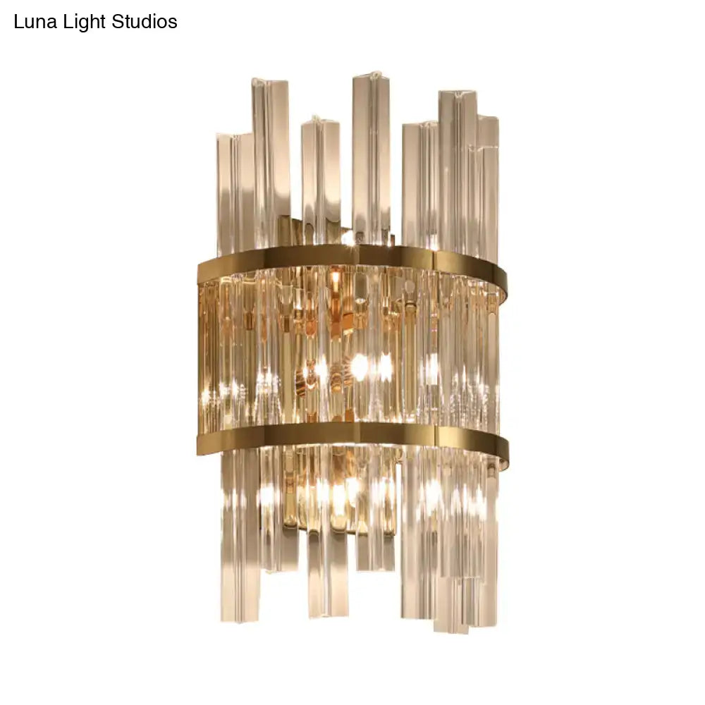 Gold-toned crystal prism sconce wall lamp with cascading glass rods and chrome gold horizontal metallic bands for living room