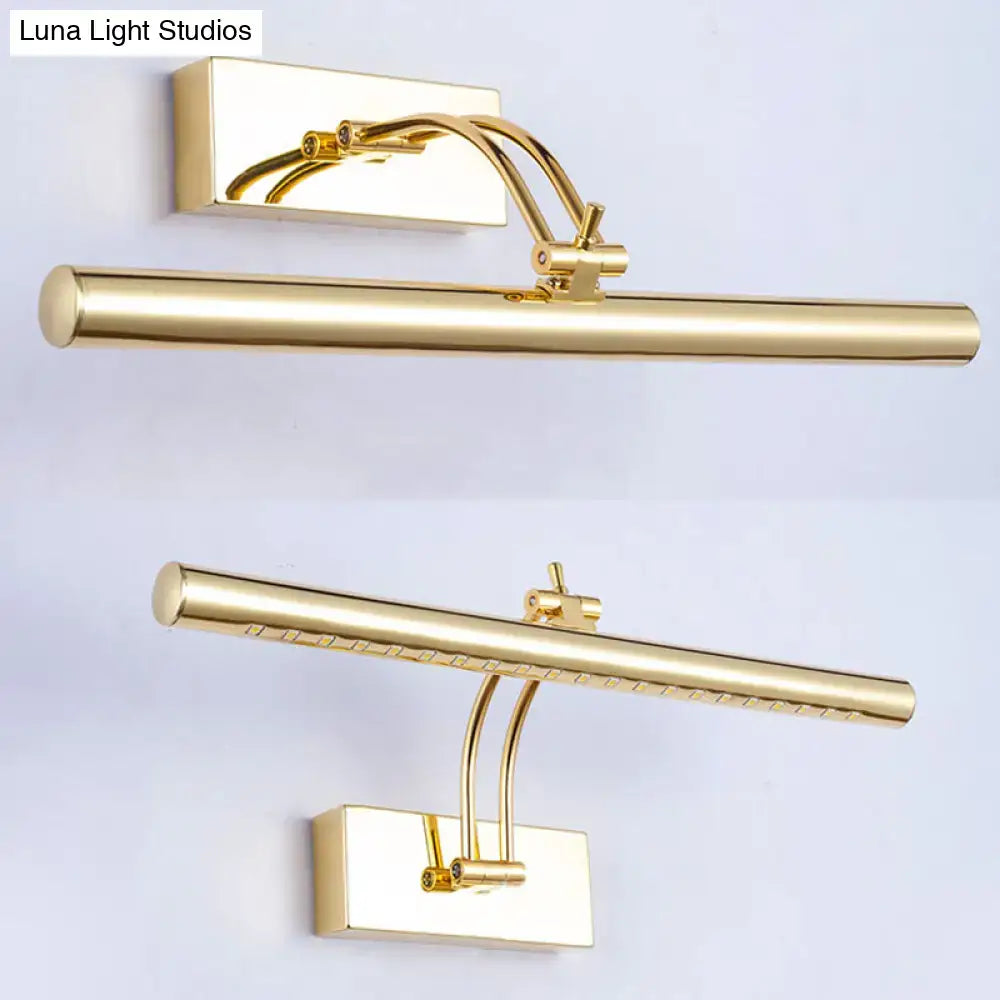 Gold-finished chrome gold led bathroom wall lamp with tubular metal shade and adjustable curved arms mounted on wall