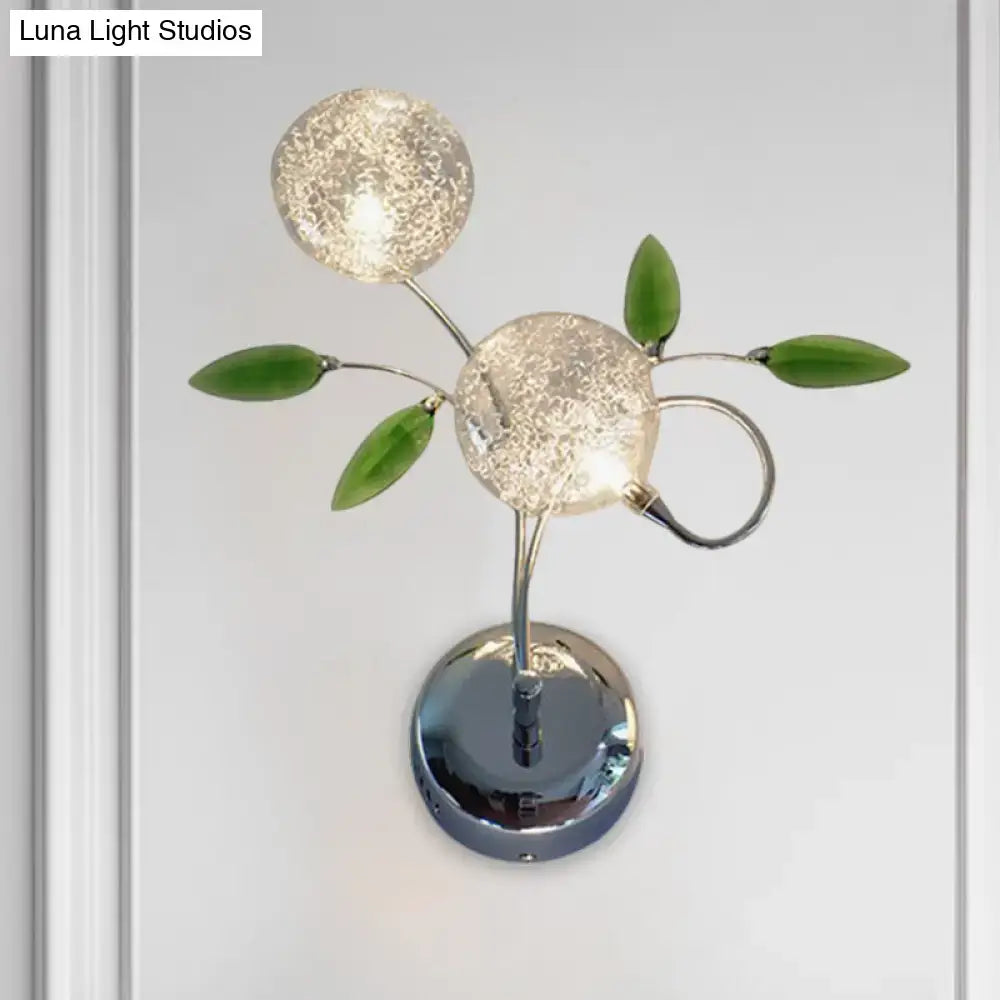 Modern chrome green crystal leaf wall mount lamp with frosted glass globe bulbs for bedroom sconce lighting
