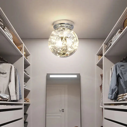 Modern chrome gypsophila led ceiling light with clear glass globe and glowing fairy lights for bedroom decor