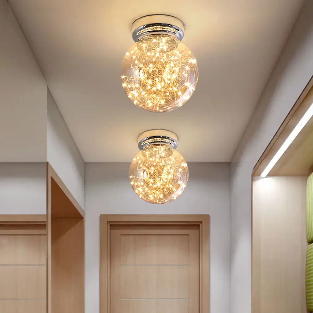 Modern chrome gypsophila led ceiling light with glass globe and warm fairy lights for stylish bedroom decorbites ceiling light