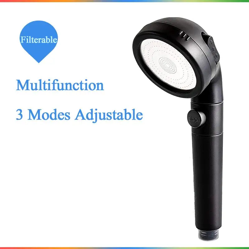 Black multifunction shower head with three spray modes filterable design and high pressure anion stop button for bathrooms