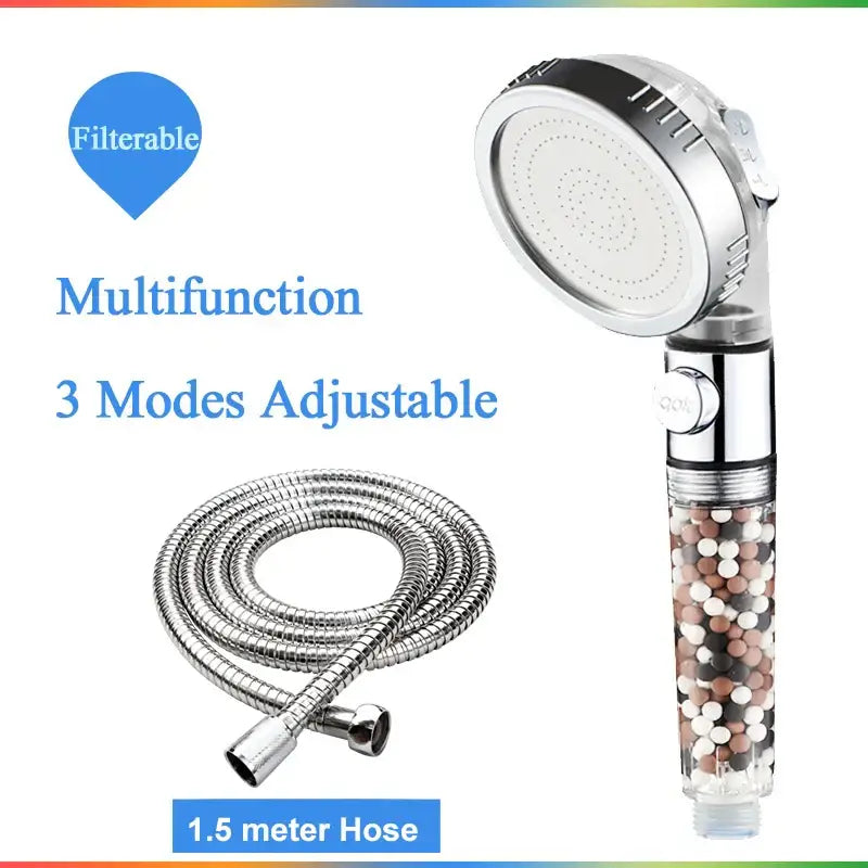 Modern chrome high pressure anion shower head with stop button and transparent filter housing containing multicolored beads